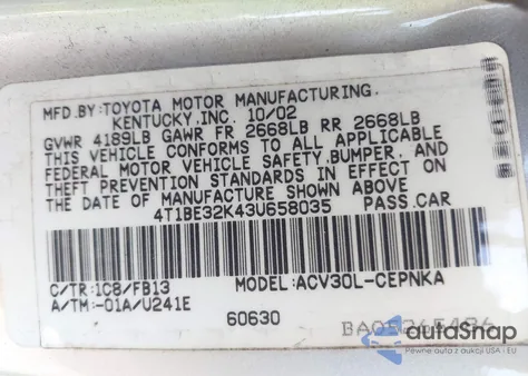 2003 Toyota Camry Le from USA, damaged, VIN 4T1BE32K43U658035